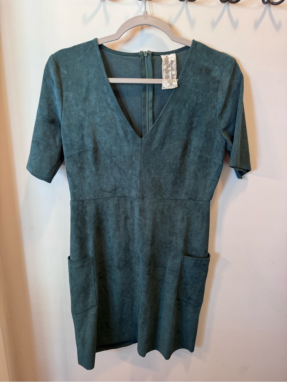Sadie and Sage V-Neck Teal Faux Suede Short Sleeve Dress, Small